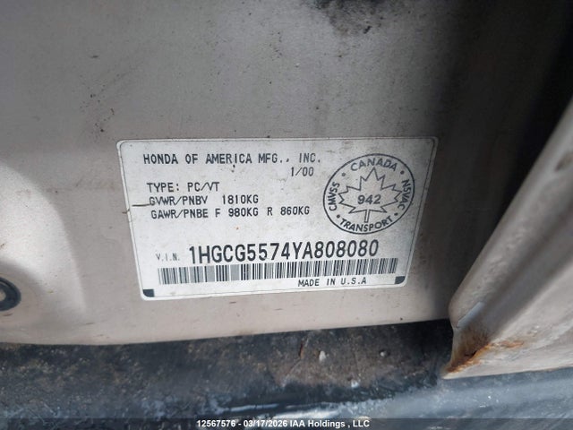 2000 Honda Accord მანქანა იყიდება აუქციონზე, vin: 1HGCG5574YA808080, აუქციონის ნომერი: 12567576