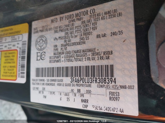 Продаж на аукціоні авто 2015 Ford Fusion Se Hybrid, vin: 3FA6P0LU3FR308394, номер лоту: 12567581
