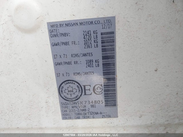 5N1AT2MV5JC734805 Nissan Rogue Midnight Edition/s/sl/sl W/propilot Assist/sv