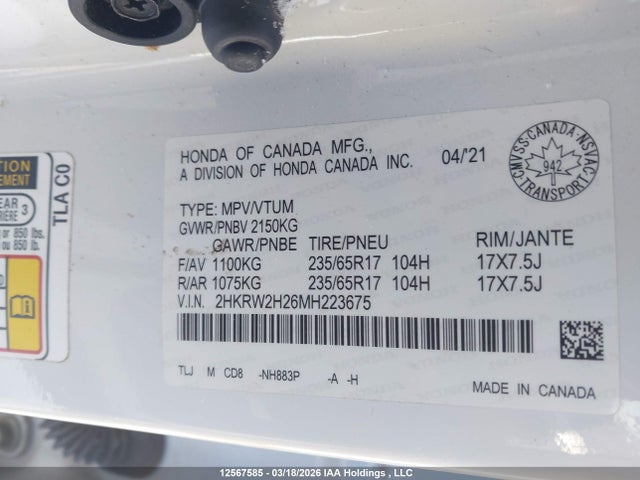 Продаж на аукціоні авто 2021 Honda Cr-v Lx, vin: 2HKRW2H26MH223675, номер лоту: 12567585