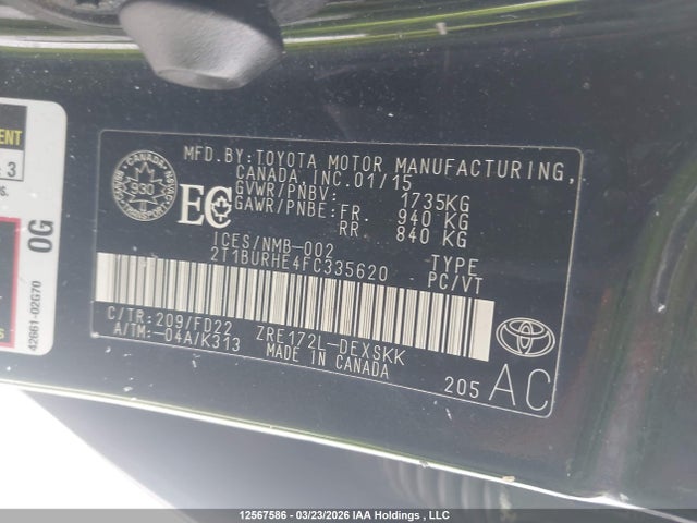 Aukcja sprzedaży 2015 Toyota Corolla S, vin: 2T1BURHE4FC335620, numer aukcji: 12567586