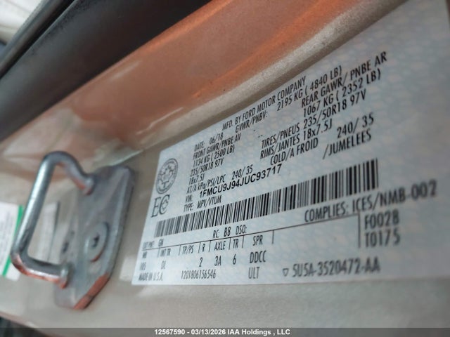 2018 Ford Escape Titanium მანქანა იყიდება აუქციონზე, vin: 1FMCU9J94JUC93717, აუქციონის ნომერი: 12567590