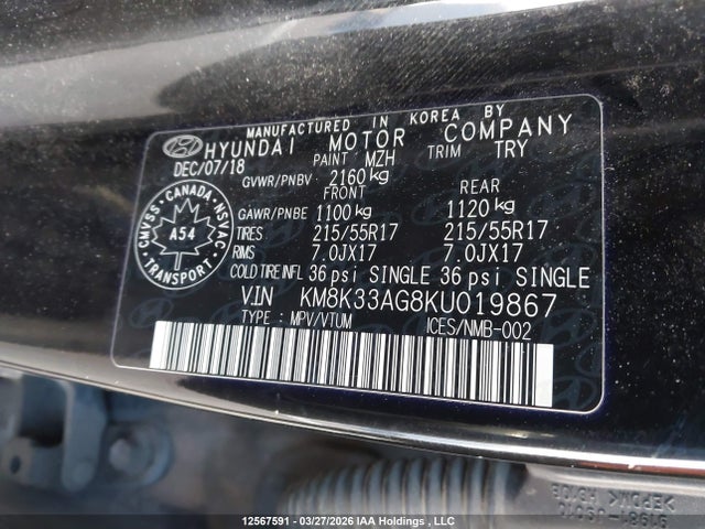 12567591 :رقم المزاد ، KM8K33AG8KU019867 vin ، 2019 Hyundai Kona Limited مزاد بيع