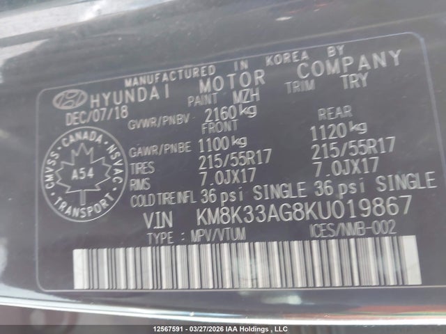 12567591 :رقم المزاد ، KM8K33AG8KU019867 vin ، 2019 Hyundai Kona Limited مزاد بيع