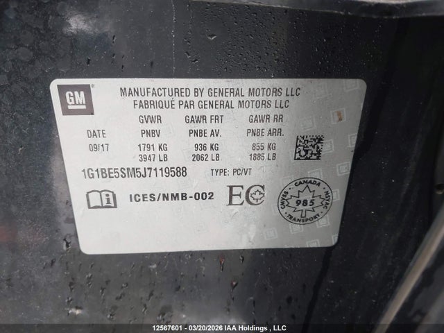 2018 Chevrolet Cruze Lt Auto მანქანა იყიდება აუქციონზე, vin: 1G1BE5SM5J7119588, აუქციონის ნომერი: 12567601