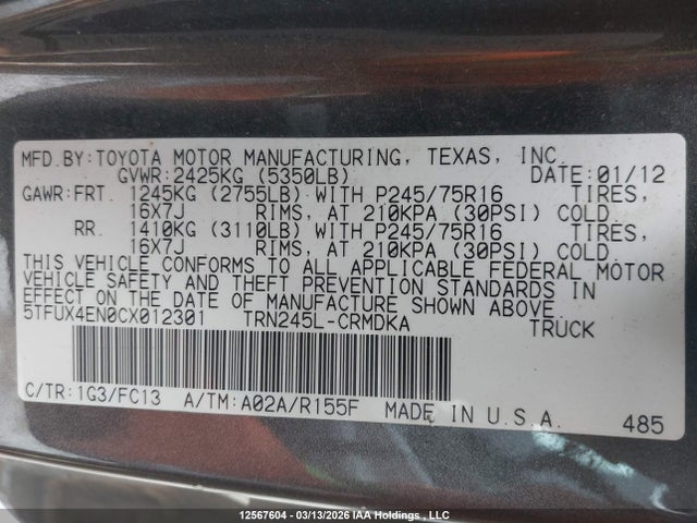 12567604 :رقم المزاد ، 5TFUX4EN0CX012301 vin ، 2012 Toyota Tacoma Access Cab مزاد بيع
