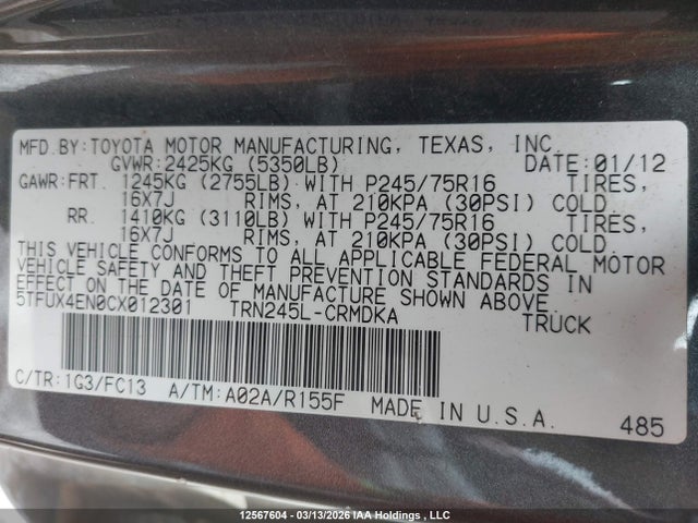 12567604 :رقم المزاد ، 5TFUX4EN0CX012301 vin ، 2012 Toyota Tacoma Access Cab مزاد بيع