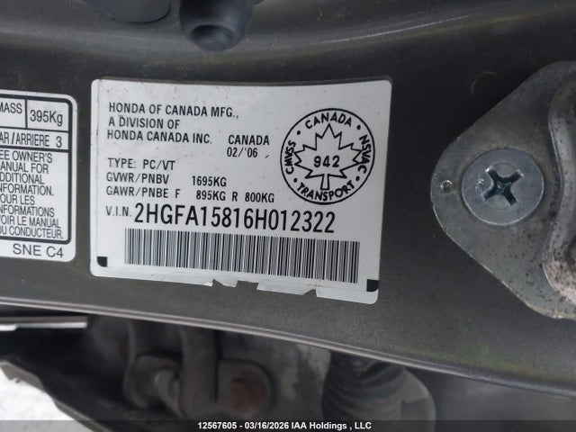 2006 Honda Civic Ex მანქანა იყიდება აუქციონზე, vin: 2HGFA15816H012322, აუქციონის ნომერი: 12567605
