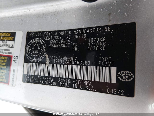 2011 Toyota Camry Le მანქანა იყიდება აუქციონზე, vin: 4T1BF3EK4BU163289, აუქციონის ნომერი: 12567609