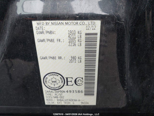 12567610 :رقم المزاد ، 1N4AL3AP9DN493586 vin ، 2013 Nissan Altima 2.5/s/sv/sl مزاد بيع