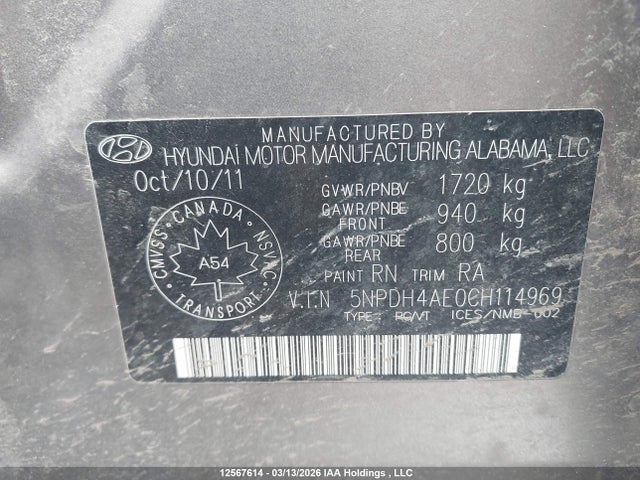 2012 Hyundai Elantra Gls/limited მანქანა იყიდება აუქციონზე, vin: 5NPDH4AE0CH114969, აუქციონის ნომერი: 12567614