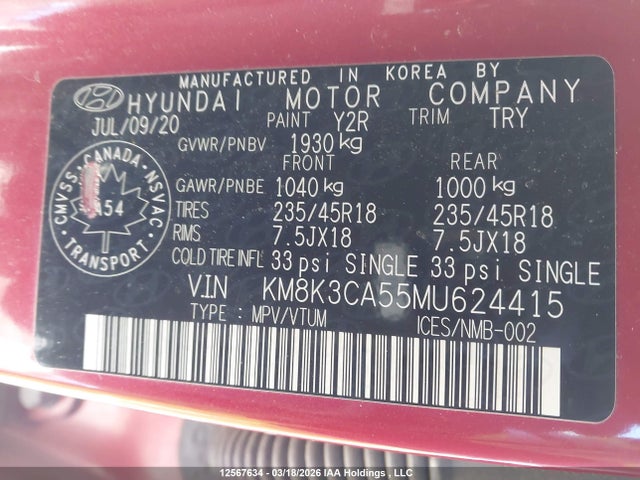 KM8K3CA55MU624415 Hyundai Kona Limited
