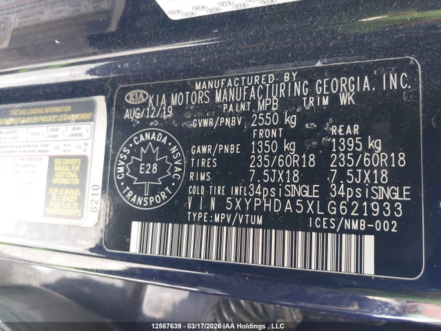 5XYPHDA5XLG621933 KIA Sorento Ex/s
