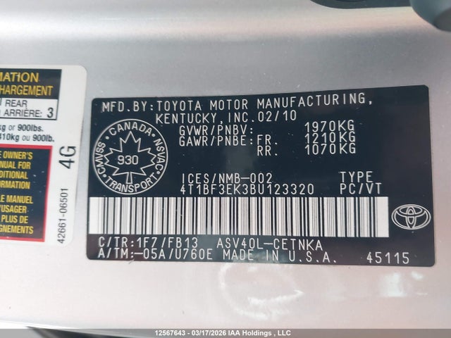 2011 Toyota Camry Le მანქანა იყიდება აუქციონზე, vin: 4T1BF3EK3BU123320, აუქციონის ნომერი: 12567643