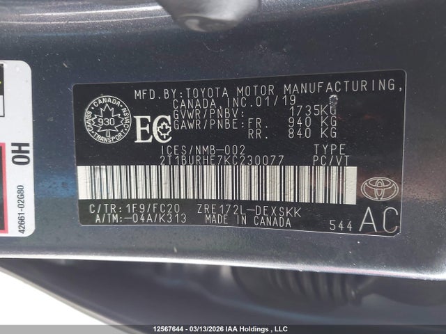 12567644 :رقم المزاد ، 2T1BURHE7KC230077 vin ، 2019 Toyota Corolla Se مزاد بيع