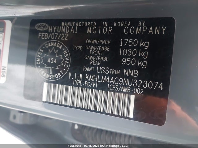 12567645 :رقم المزاد ، KMHLM4AG9NU323074 vin ، 2022 Hyundai Elantra Sel مزاد بيع
