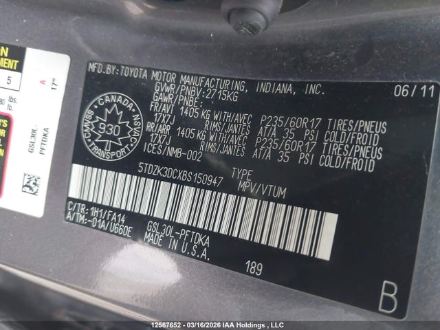 2011 Toyota Sienna მანქანა იყიდება აუქციონზე, vin: 5TDZK3DCXBS150947, აუქციონის ნომერი: 12567652