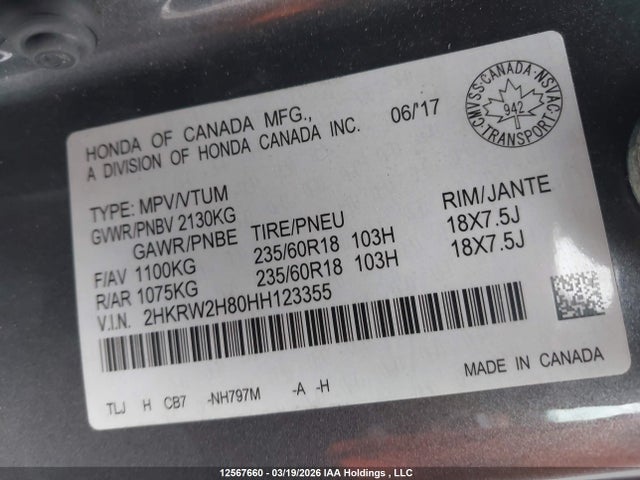 2HKRW2H80HH123355 Honda Cr-v Ex-l