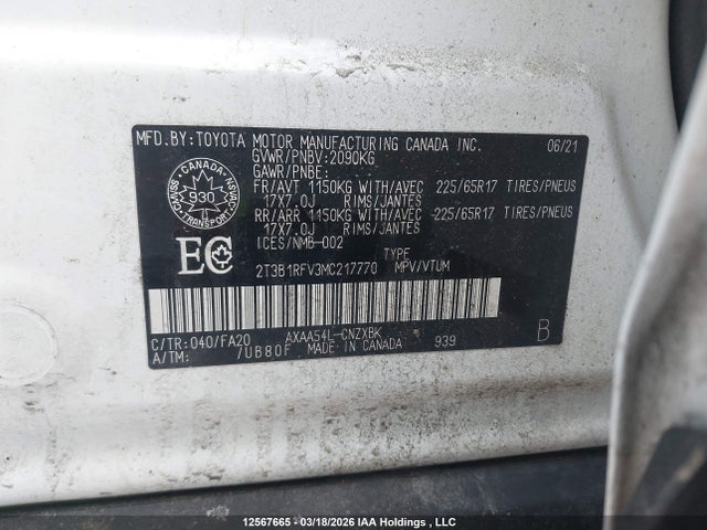 12567665 :رقم المزاد ، 2T3B1RFV3MC217770 vin ، 2021 Toyota Rav4 Le مزاد بيع