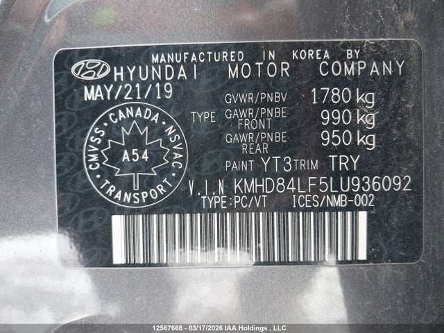 12567668 :رقم المزاد ، KMHD84LF5LU936092 vin ، 2020 Hyundai Elantra Sel/value/limited مزاد بيع