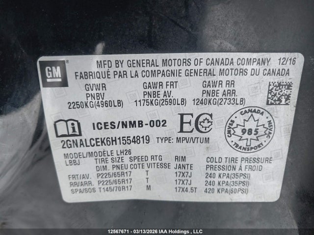 Продаж на аукціоні авто 2017 Chevrolet Equinox Lt, vin: 2GNALCEK6H1554819, номер лоту: 12567671