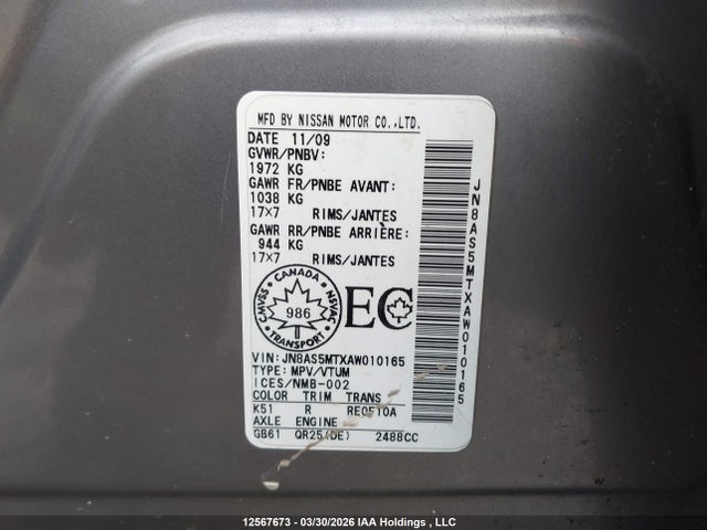 12567673 :رقم المزاد ، JN8AS5MTXAW010165 vin ، 2010 Nissan Rogue Sl مزاد بيع