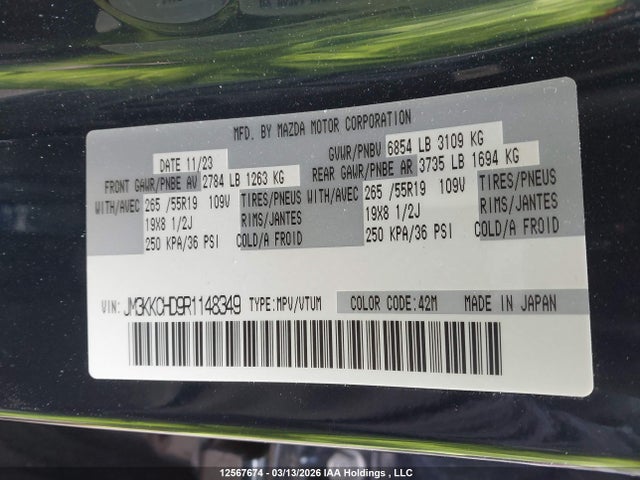 Aukcja sprzedaży 2024 Mazda Cx-90 Mhev Gs-l, vin: JM3KKCHD9R1148349, numer aukcji: 12567674