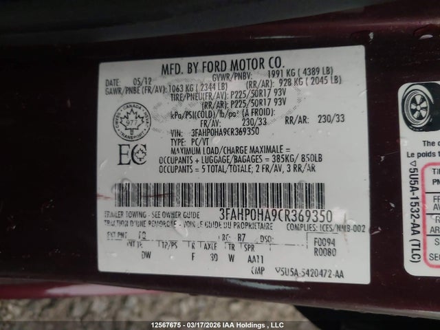 Продаж на аукціоні авто 2012 Ford Fusion Se, vin: 3FAHP0HA9CR369350, номер лоту: 12567675