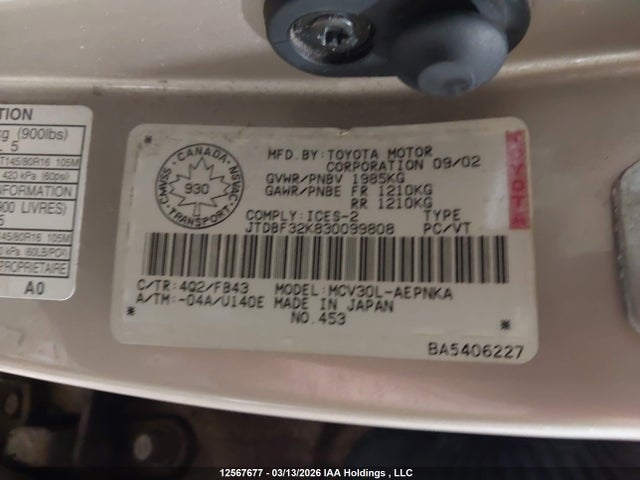 12567677 :رقم المزاد ، JTDBF32K830099808 vin ، 2003 Toyota Camry Le/xle مزاد بيع
