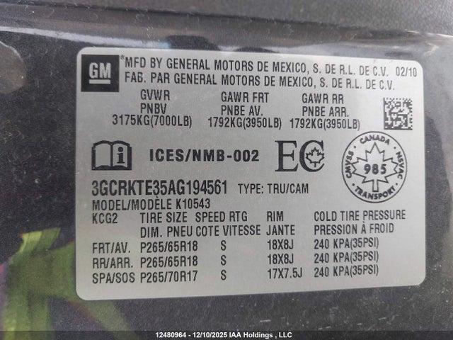 2010 Chevrolet Silverado 1500 Ltz მანქანა იყიდება აუქციონზე, vin: 3GCRKTE35AG194561, აუქციონის ნომერი: 12480964