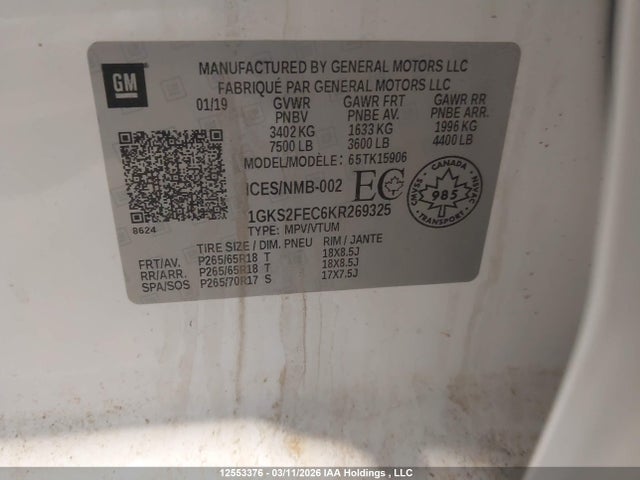 Aukcja sprzedaży 2019 Gmc Yukon Xl Sle, vin: 1GKS2FEC6KR269325, numer aukcji: 12553376