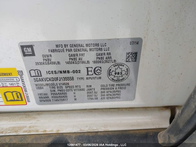 2015 Buick Enclave Premium მანქანა იყიდება აუქციონზე, vin: 5GAKVCKD0FJ135558, აუქციონის ნომერი: 12561477