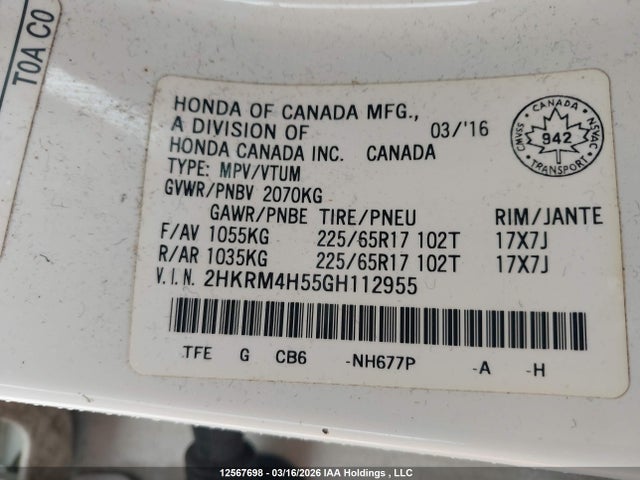 Aukcja sprzedaży 2016 Honda Cr-v, vin: 2HKRM4H55GH112955, numer aukcji: 12567698