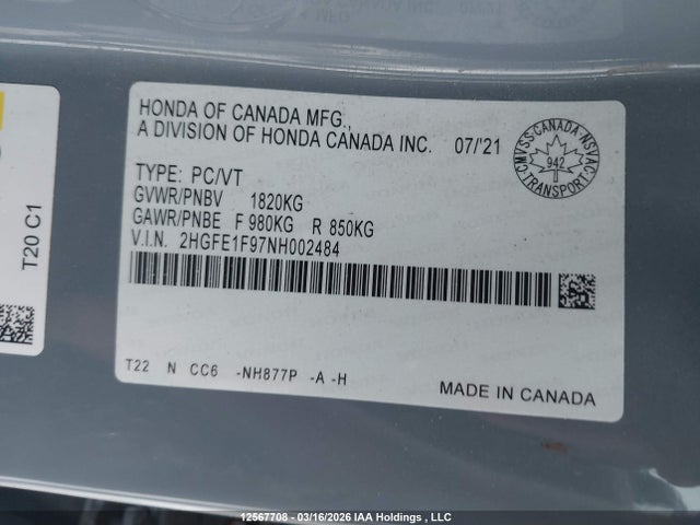 Продаж на аукціоні авто 2022 Honda Civic Touring, vin: 2HGFE1F97NH002484, номер лоту: 12567708