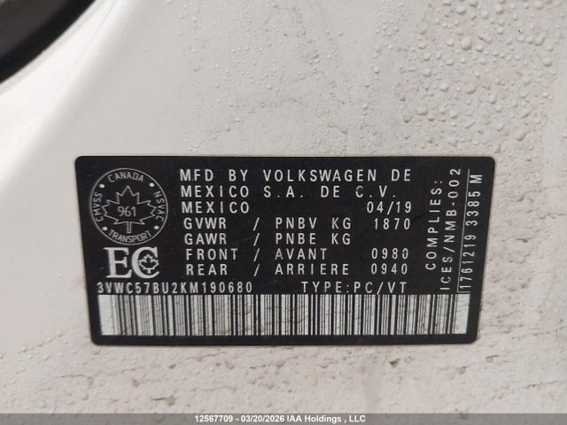 Продаж на аукціоні авто 2019 Volkswagen Jetta, vin: 3VWC57BU2KM190680, номер лоту: 12567709