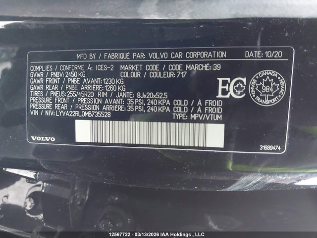 LYVA22RL0MB735528 Volvo Xc60 T6 Inscription