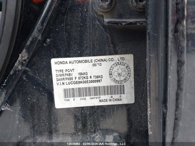 12536963 :رقم المزاد ، LUCGE8H30E3000997 vin ، 2014 Honda Fit Dx-a مزاد بيع