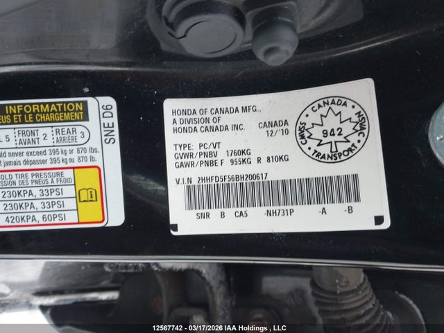 Aukcja sprzedaży 2011 Acura Csx, vin: 2HHFD5F56BH200617, numer aukcji: 12567742