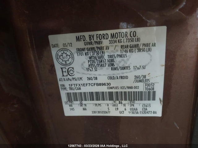 2012 Ford F150 Super Cab მანქანა იყიდება აუქციონზე, vin: 1FTFX1EF7CFB89630, აუქციონის ნომერი: 12567743