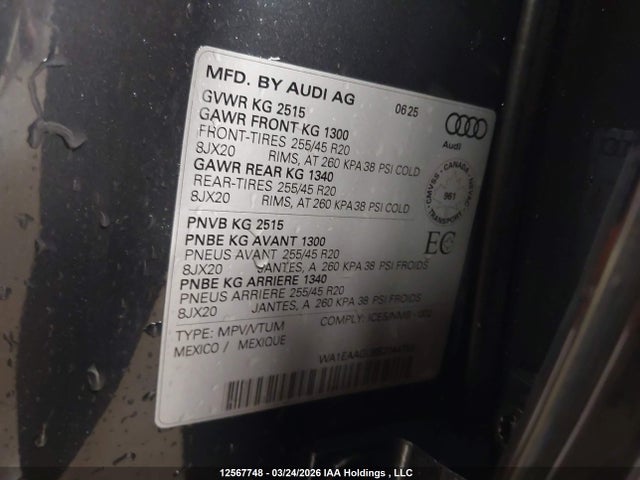 12567748 :رقم المزاد ، WA1EAAGU8S2044752 vin ، 2025 Audi Q5 Sportback Progressiv مزاد بيع