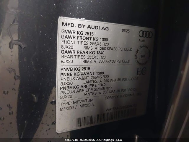 12567748 :رقم المزاد ، WA1EAAGU8S2044752 vin ، 2025 Audi Q5 Sportback Progressiv مزاد بيع
