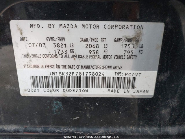 Продаж на аукціоні авто 2008 Mazda Mazda3 Gs/gx, vin: JM1BK32F781798024, номер лоту: 12567749