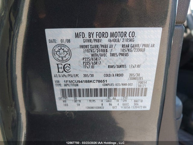 2008 Ford Escape Limited მანქანა იყიდება აუქციონზე, vin: 1FMCU94188KC78651, აუქციონის ნომერი: 12567750