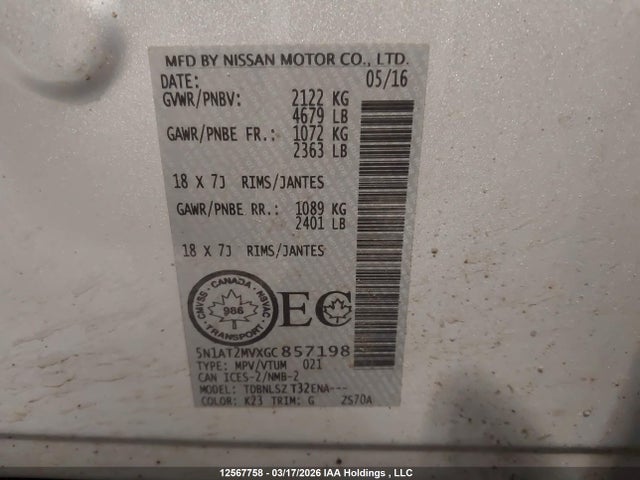 12567758 :رقم المزاد ، 5N1AT2MVXGC857198 vin ، 2016 Nissan Rogue S/sl Premium/sv مزاد بيع