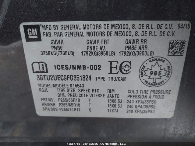 Aukcja sprzedaży 2015 Gmc Sierra 1500 Sle, vin: 3GTU2UEC9FG351824, numer aukcji: 12567759