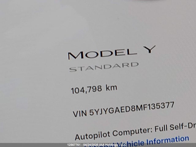 5YJYGAED8MF135377 Tesla Model Y Performance/standard Range