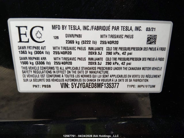5YJYGAED8MF135377 Tesla Model Y Performance/standard Range