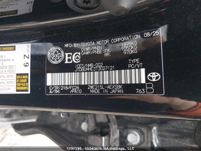 12567768 :رقم المزاد ، JTDBDMHE3T3027121 vin ، 2026 Toyota Corolla Hybrid Se Awd مزاد بيع