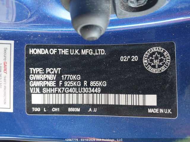 Aukcja sprzedaży 2020 Honda Civic Sport, vin: SHHFK7G40LU303449, numer aukcji: 12567776