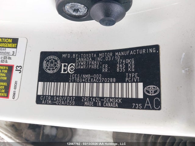 12567782 :رقم المزاد ، 2T1BU4EEXAC370288 vin ، 2010 Toyota Corolla S/le/xle مزاد بيع